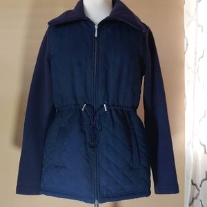 Karen Scott Long Fleece Navy Blue Jacket Zip-Up Gathers at Waist SZ SMALL EUC!